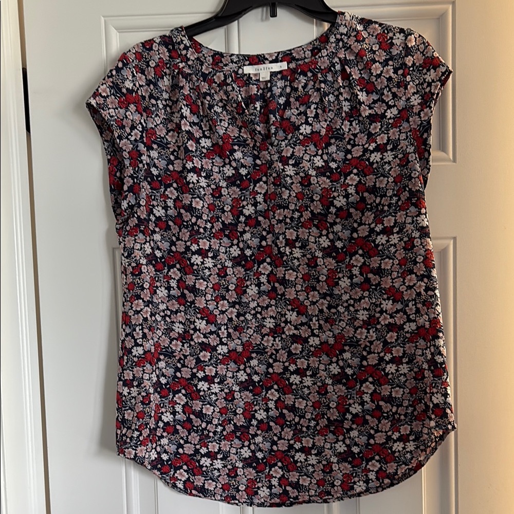 LOFT Black and Red Flutter Sleeve Blouse
